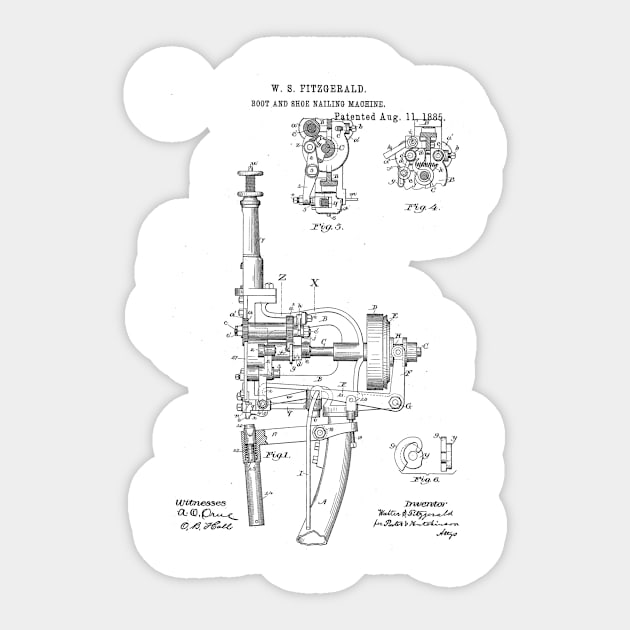 Boot and Shoe Nailing Machine Vintage Patent Hand Drawing Funny Novelty Sticker by TheYoungDesigns